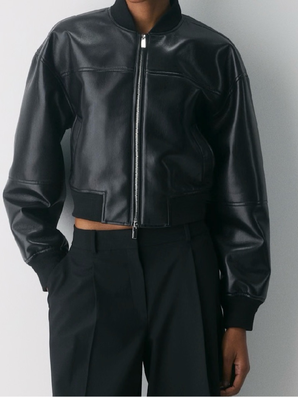 Babaton Aritzia Black Leather Cropped Bomber Jacket